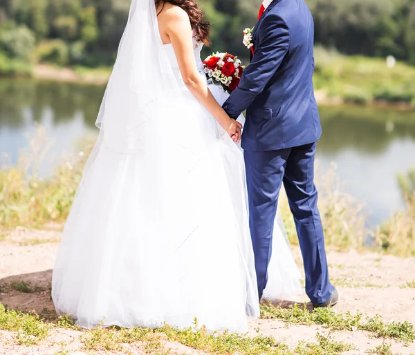 Braut und Bräutigam halten Händchen im Freien. — Stockfoto