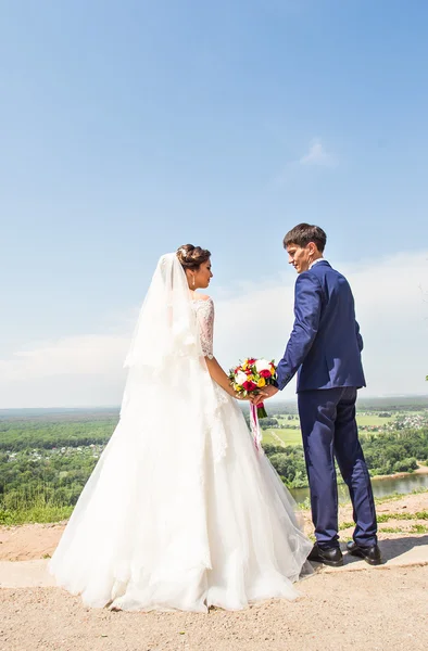 Svatební téma, držení se za ruce novomanželé — Stock fotografie