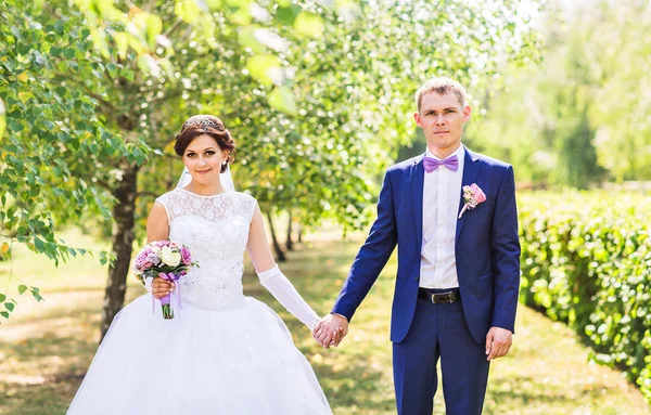 Thème de mariage, tenant les mains jeunes mariés — Photo