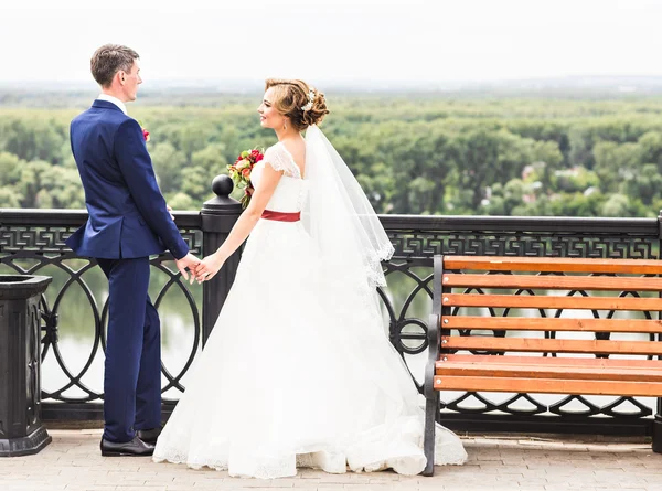 Thème de mariage, tenant les mains jeunes mariés — Photo