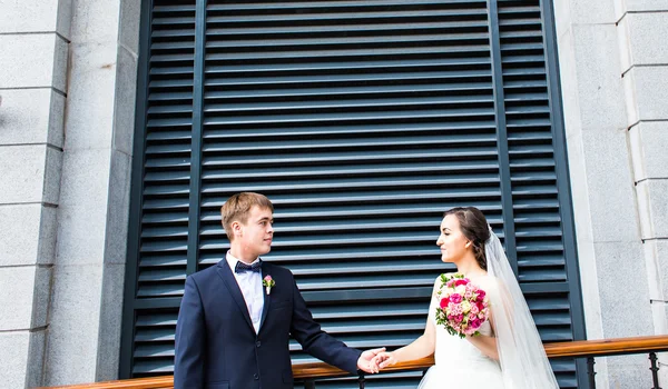 Tema do casamento, de mãos dadas recém-casados — Fotografia de Stock