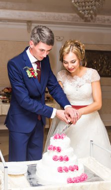 Gelin ve damat düğün pastasını kesiyor