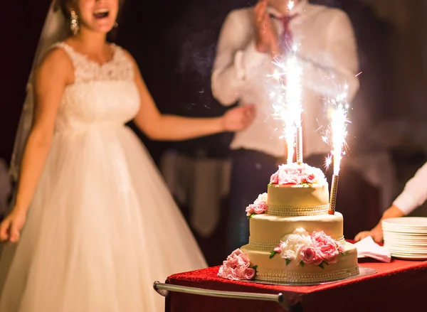 Beauty bride and handsome groom are cutting a wedding cake. — Stock Photo, Image