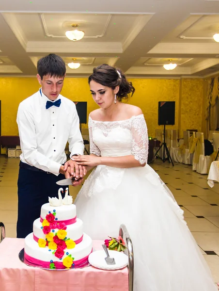 Novia y novio en la recepción de la boda cortando el pastel — Foto de Stock