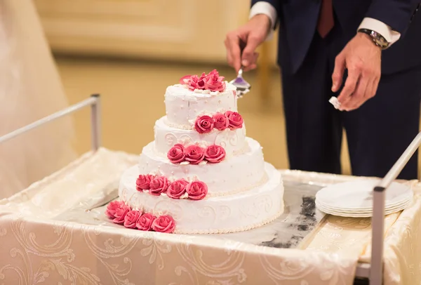 Novia y un novio está cortando su pastel de bodas —  Fotos de Stock