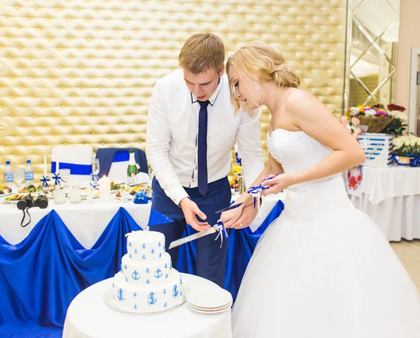 Gelin ve damat düğün pastasını kesiyor — Stok fotoğraf