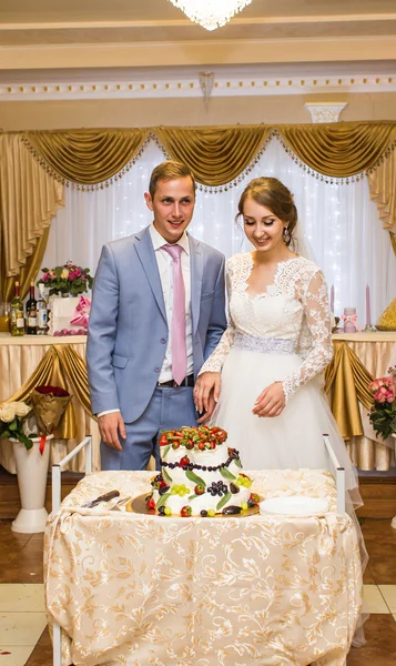 Novia y novio en la recepción de la boda cortando el pastel — Foto de Stock