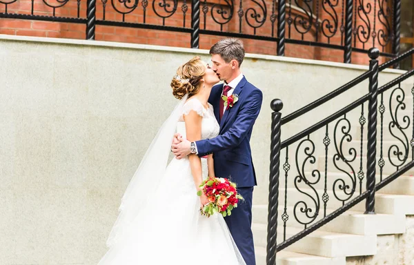 Bruidegom kussen bruid buitenshuis — Stockfoto
