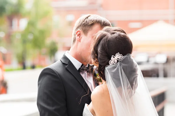 Close up portrait of kissing wedding couple — Stock Photo, Image