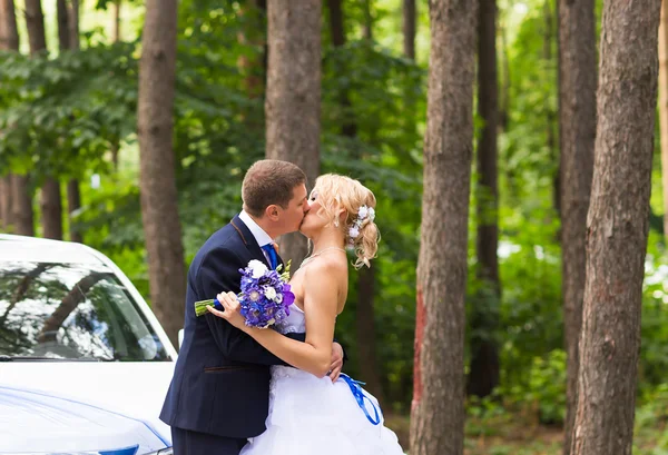 Marié embrasser mariée à l'extérieur — Photo