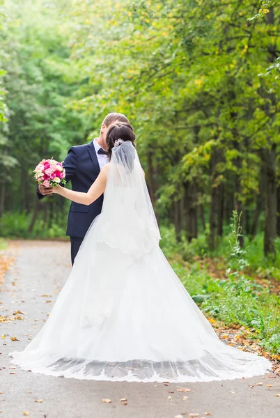 Knappe brunette bruidegom kussen van de mooie bruid in trouwjurk — Stockfoto