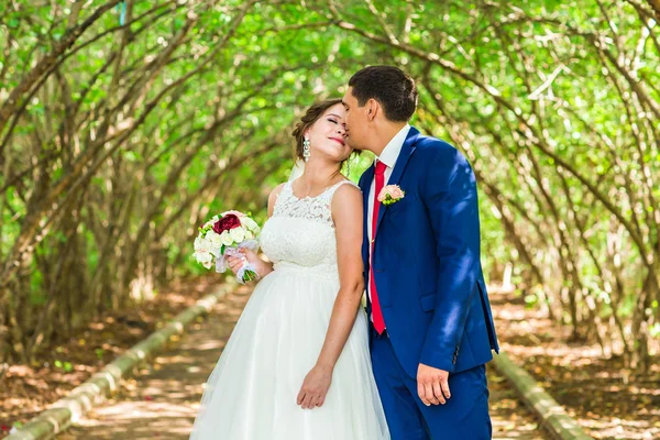 Schöne Braut und Bräutigam umarmen sich am Hochzeitstag im Freien — Stockfoto