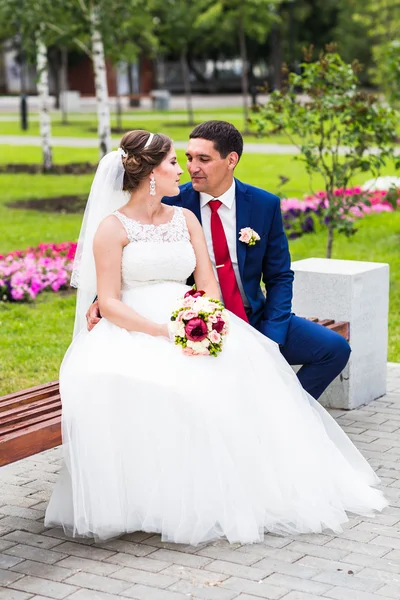 Novia y novio en el día de la boda caminando al aire libre. Recién casados felices abrazándose. Pareja amorosa . — Foto de Stock