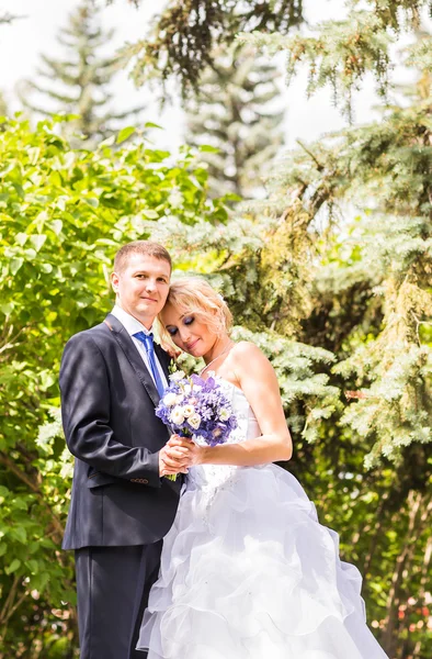 Belle mariée et marié embrassant le jour de leur mariage à l'extérieur — Photo