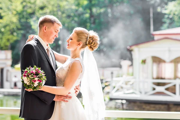 Gelin ve damat bir romantik an açık havada üzerinde