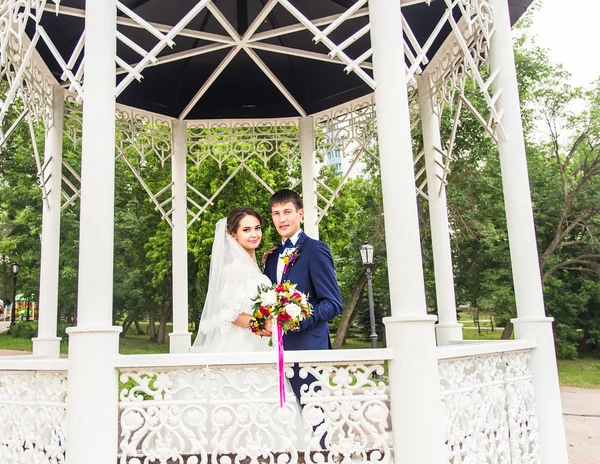 Bellissimi sposi che si abbracciano il giorno del loro matrimonio all'aperto — Foto Stock