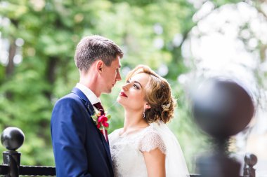 Gelin ve damat gün açık havada yürüyüş düğününde. Mutlu yeni evliler kucaklayan. Seven Çift.