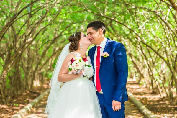 Novia y novio en el día de la boda caminando al aire libre. Recién casados felices abrazándose. Pareja amorosa . — Foto de Stock