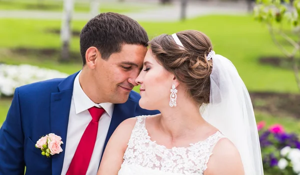 Bela noiva e noivo abraçando em seu dia de casamento ao ar livre — Fotografia de Stock