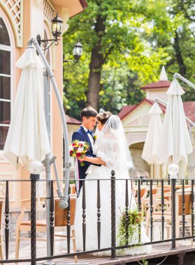 Güzel gelin ve Damat Düğün günü açık havada kucaklayan