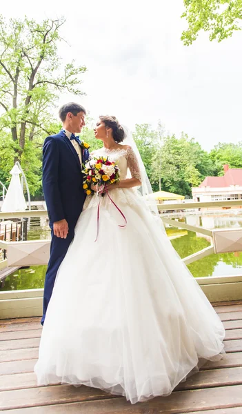 Bela noiva e noivo abraçando em seu dia de casamento ao ar livre — Fotografia de Stock