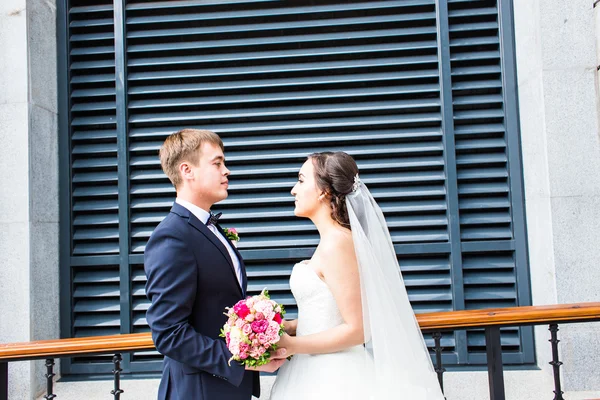 Menyasszony és a vőlegény egy romantikus szabadban — Stock Fotó