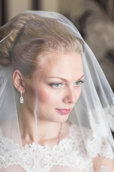 Bela noiva com penteado de casamento de moda. Retrato de close-up de noiva linda jovem . — Fotografia de Stock