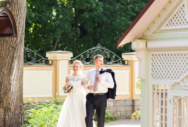 Şık güzel mutlu gelin ve damat, kutlamalar açık havada düğün