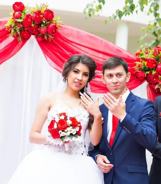 Feliz hermosa recién casados muestran anillos de boda —  Fotos de Stock