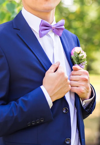 Sexy man in tuxedo and bow tie posing — Stock Photo, Image