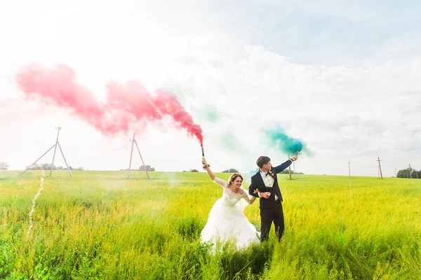 Жених и невеста с дымовыми шашками на лугу — стоковое фото