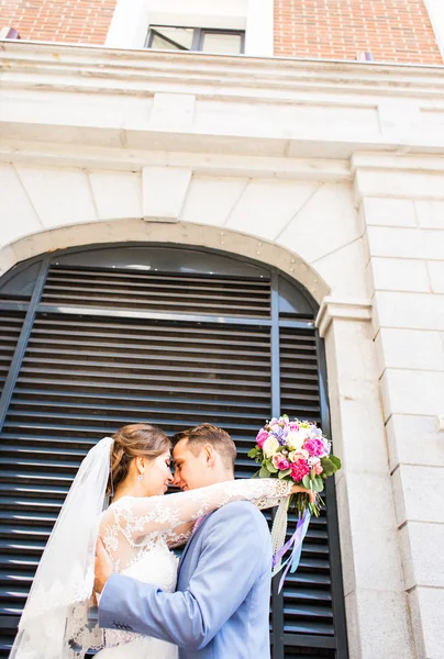 Bela noiva e noivo abraçando em seu dia de casamento ao ar livre — Fotografia de Stock