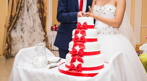 新娘和新郎正在切结婚蛋糕 — 图库照片