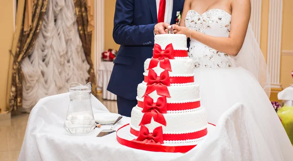 Mariée et un marié coupe leur gâteau de mariage — Photo