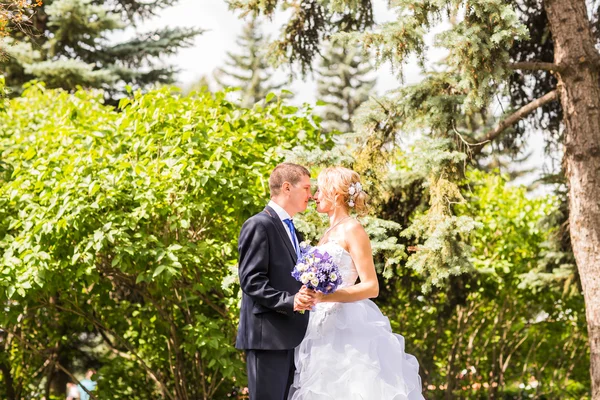 Élégant beau marié et mariée heureux, célébrations de mariage en plein air — Photo