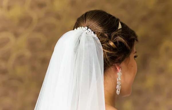 Estilista fixando um penteado noivas e véu nupcial antes do casamento — Fotografia de Stock