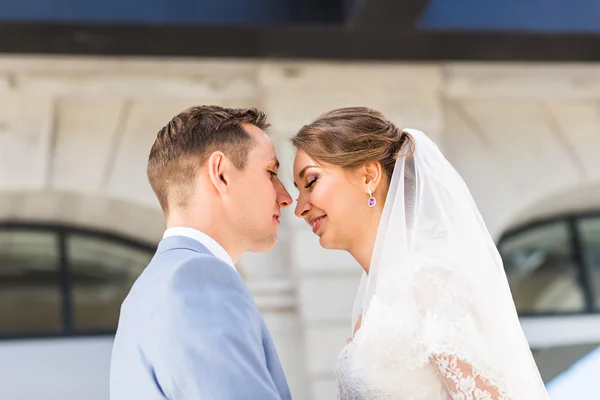 Noiva e noivo em seu dia de casamento ao ar livre — Fotografia de Stock