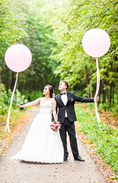 Elegante hermosa novia y novio feliz, celebraciones de la boda al aire libre —  Fotos de Stock