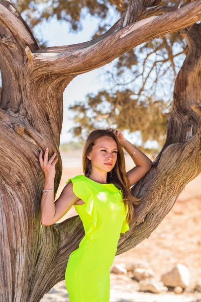 Jovem mulher adorável retrato perto da árvore — Fotografia de Stock