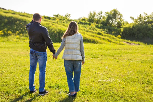 Vista posteriore di coppia che si tiene per mano passeggiando nella campagna autunnale — Foto Stock