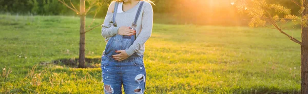 Joven mujer embarazada feliz relajarse y disfrutar de la vida en otoño naturaleza —  Fotos de Stock