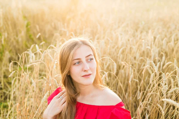 Hermosa dama en el campo de trigo al atardecer — Foto de Stock