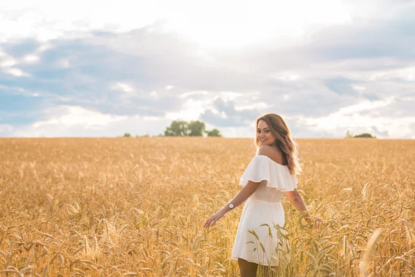 Mulher bonita feliz no prado. Contexto do conceito liberdade . — Fotografia de Stock