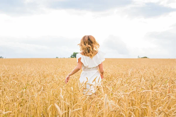 Hermosa chica corriendo en el campo. Fondo de concepto de libertad . — Foto de Stock