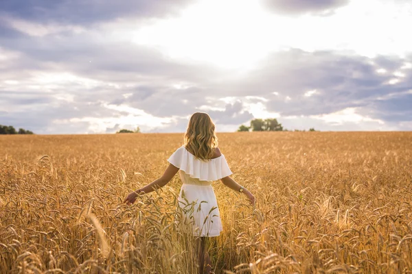 Buğday alanında uzanmış kolları olan kadın — Stok fotoğraf