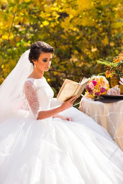 Hübsche Braut liest ein Buch und genießt im Herbst Park — Stockfoto