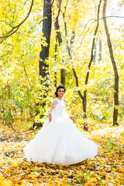 Happy bride on autumn forest — Stock Photo, Image