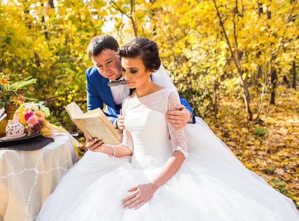 Bride and groom in autumn park — Stock Photo, Image