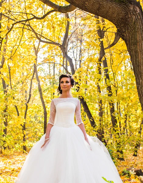 Gelukkige bruid op herfst bos — Stockfoto