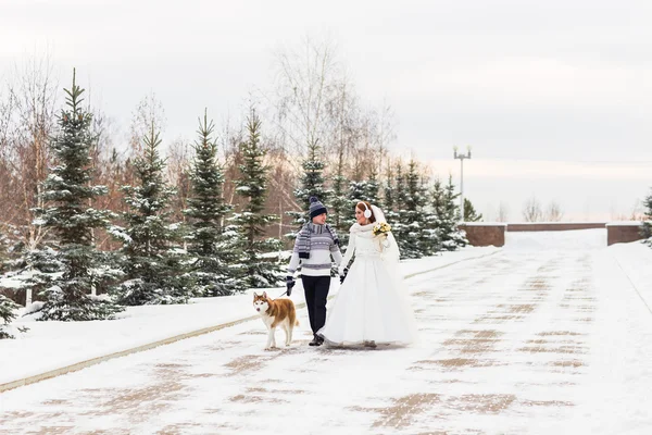 Braut und Bräutigam Hochzeit mit Hund Winter draußen. — Stockfoto